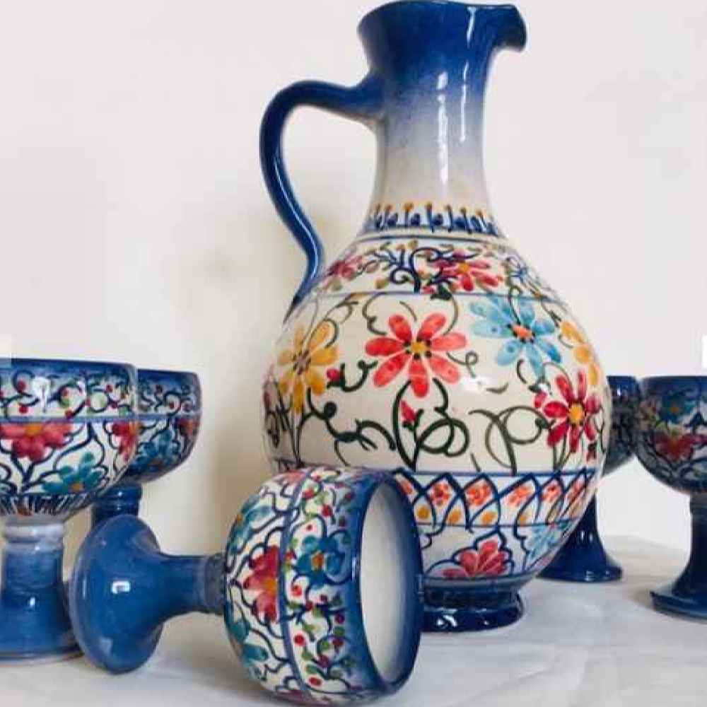 Set of Handcrafted Persian Pottery Pitcher & Cups Negin