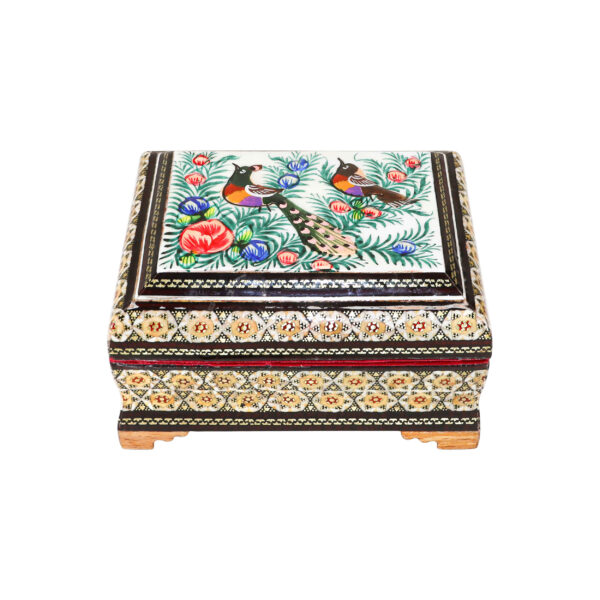 Handcrafted Wooden Jewelry Box with Persian Khatam Birds Pattern