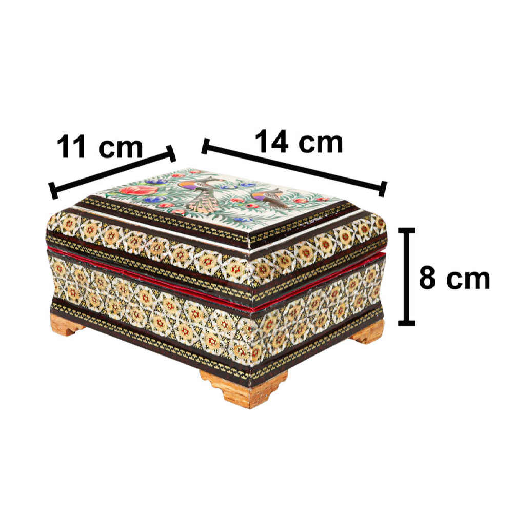 Handcrafted Wooden Jewelry Box with Persian Khatam Birds Pattern