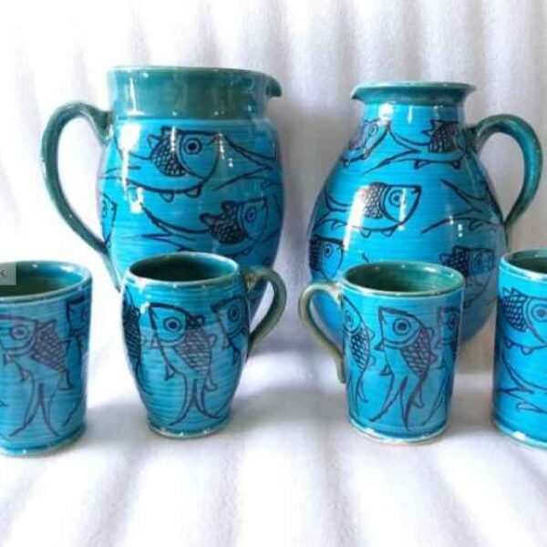 Set of Handcrafted Persian Pottery Pitcher & Cups Fish
