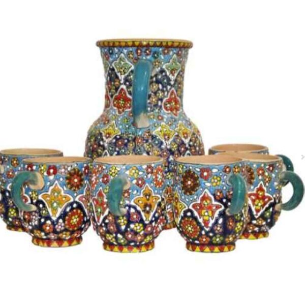 Set of Handcrafted Persian Pottery Pitcher & Cups - Minakari Enameled Roya