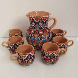 Set of Handcrafted Persian Pottery Pitcher & Cups – Artistic Minakari Enameled Ahora