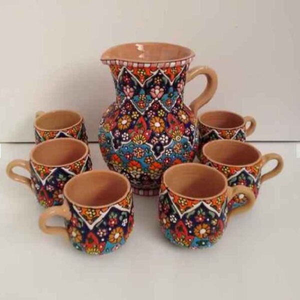 Set of Handcrafted Persian Pottery Pitcher & Cups - Artistic Minakari Enameled Ahora
