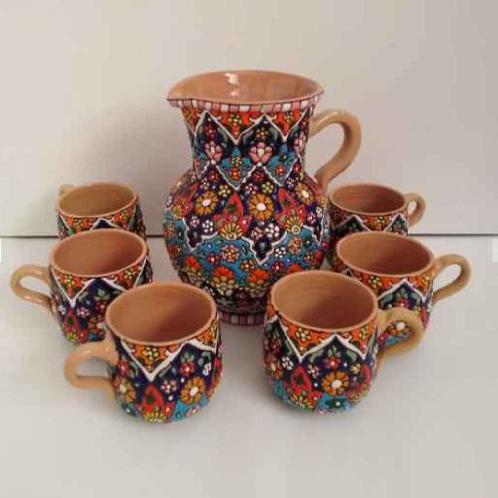 Set of Handcrafted Persian Pottery Pitcher & Cups - Artistic Minakari Enameled Ahora