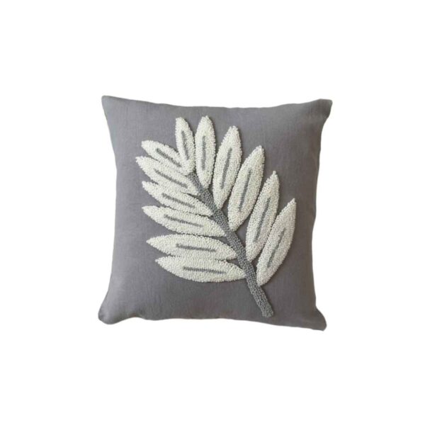 Punch Needle Cushion Cover - Embroidered Cotton Fibers & Leaf Design