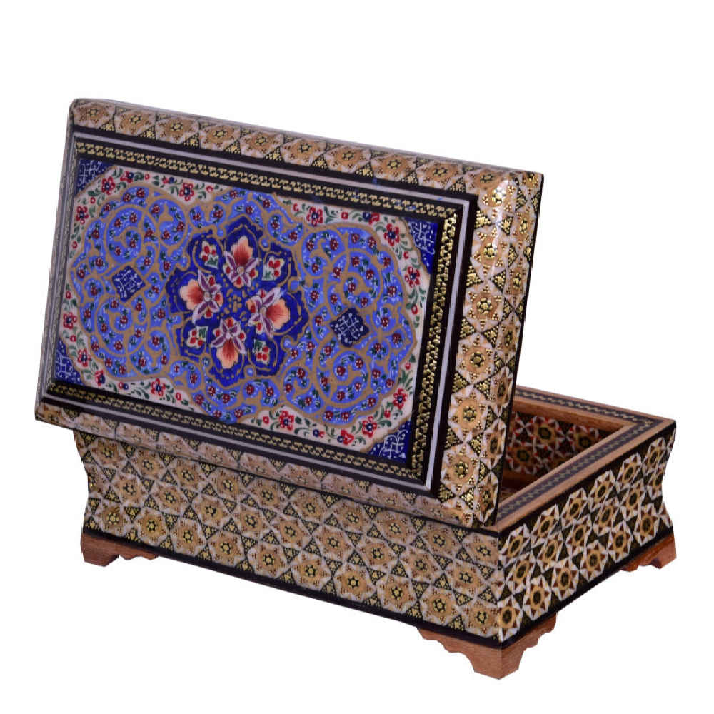 Handcrafted Persian Wooden Jewelry Box with Khatam Violet Design