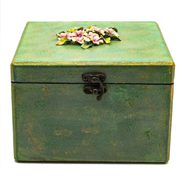 Handcrafted Wooden Jewelry Box with Decorative Pink Flowers