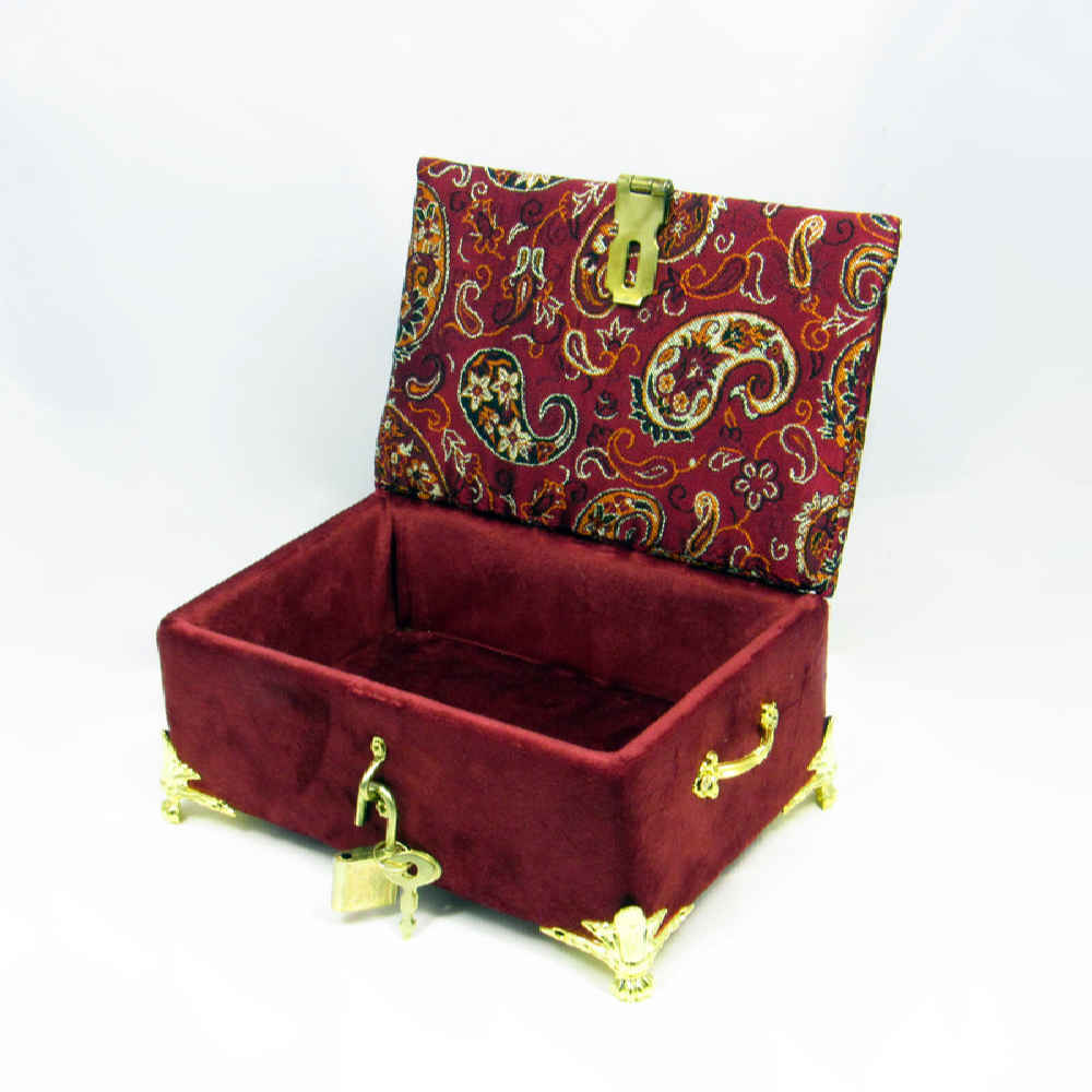 Handcrafted Wooden Jewelry Box with Velvet Paisley Fabric
