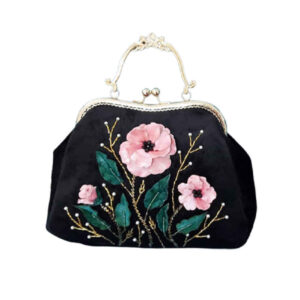 Ribbon Embroidery Clutch Handbag – Velvet with Flower Bead Detail