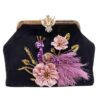 Ribbon Embroidery Clutch Handbag with Peacock Bead Detail