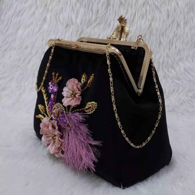 Ribbon Embroidery Clutch Handbag with Peacock Bead Detail
