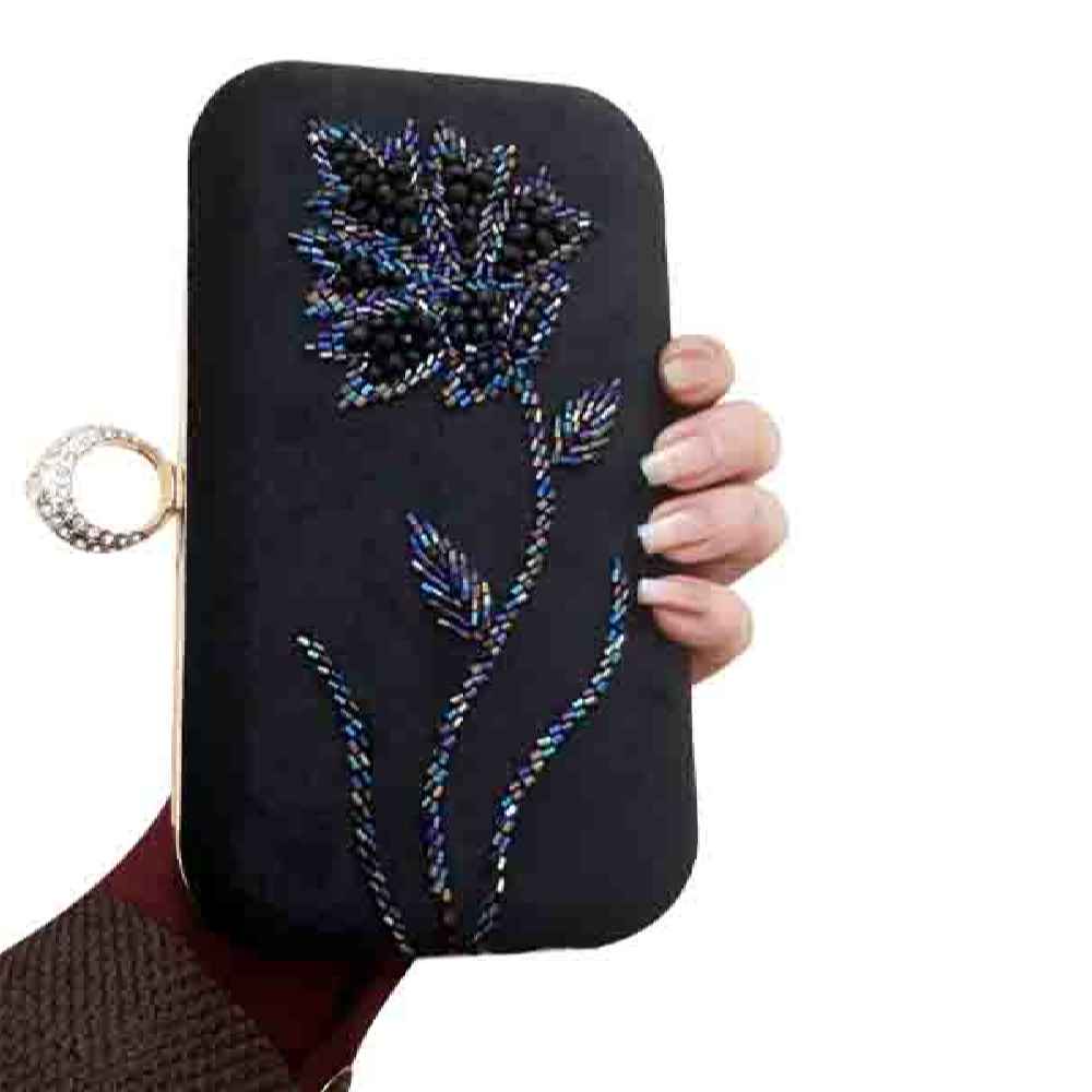 Ribbon Embroidery Clutch Handbag with Bead Detail for Special Occasions