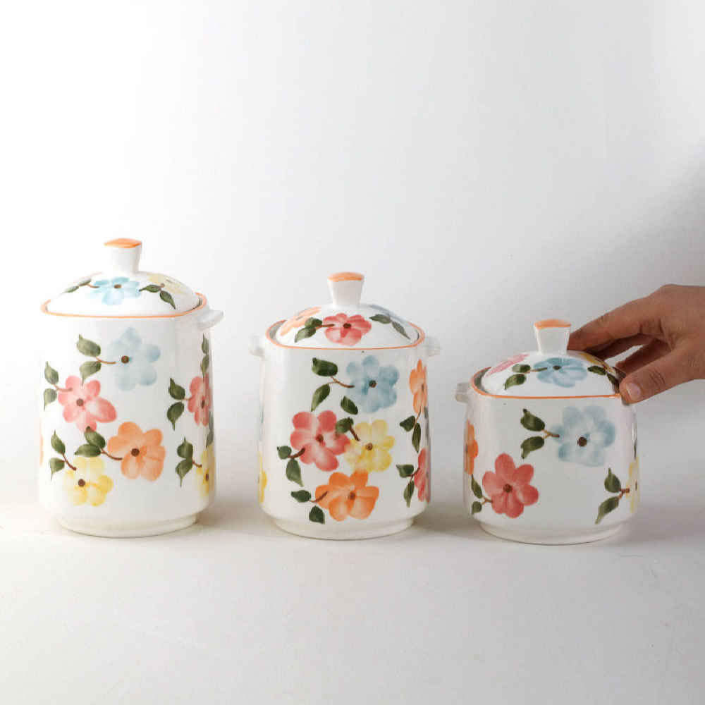 Ceramic Storage Jar – Stylish Storage for Coffee, Tea, & More, Flower Design ‌(3x)