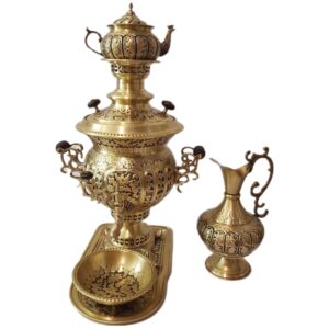 Decorative Coal Samovar Set in Brass with Elegant Motifs 7-Liter