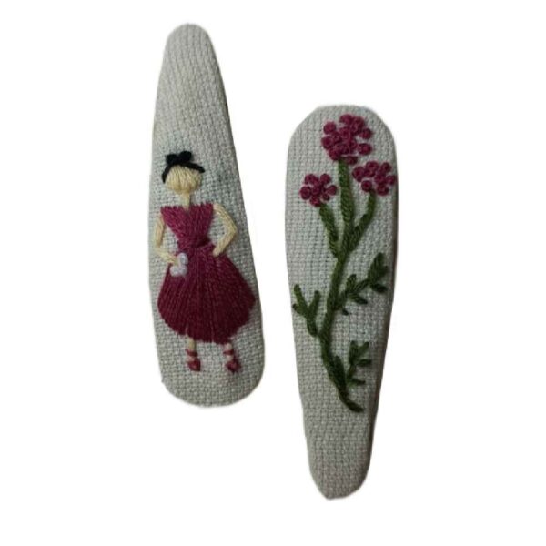 Embroidered Snap Hair Clip Set with Handmade Girl Design