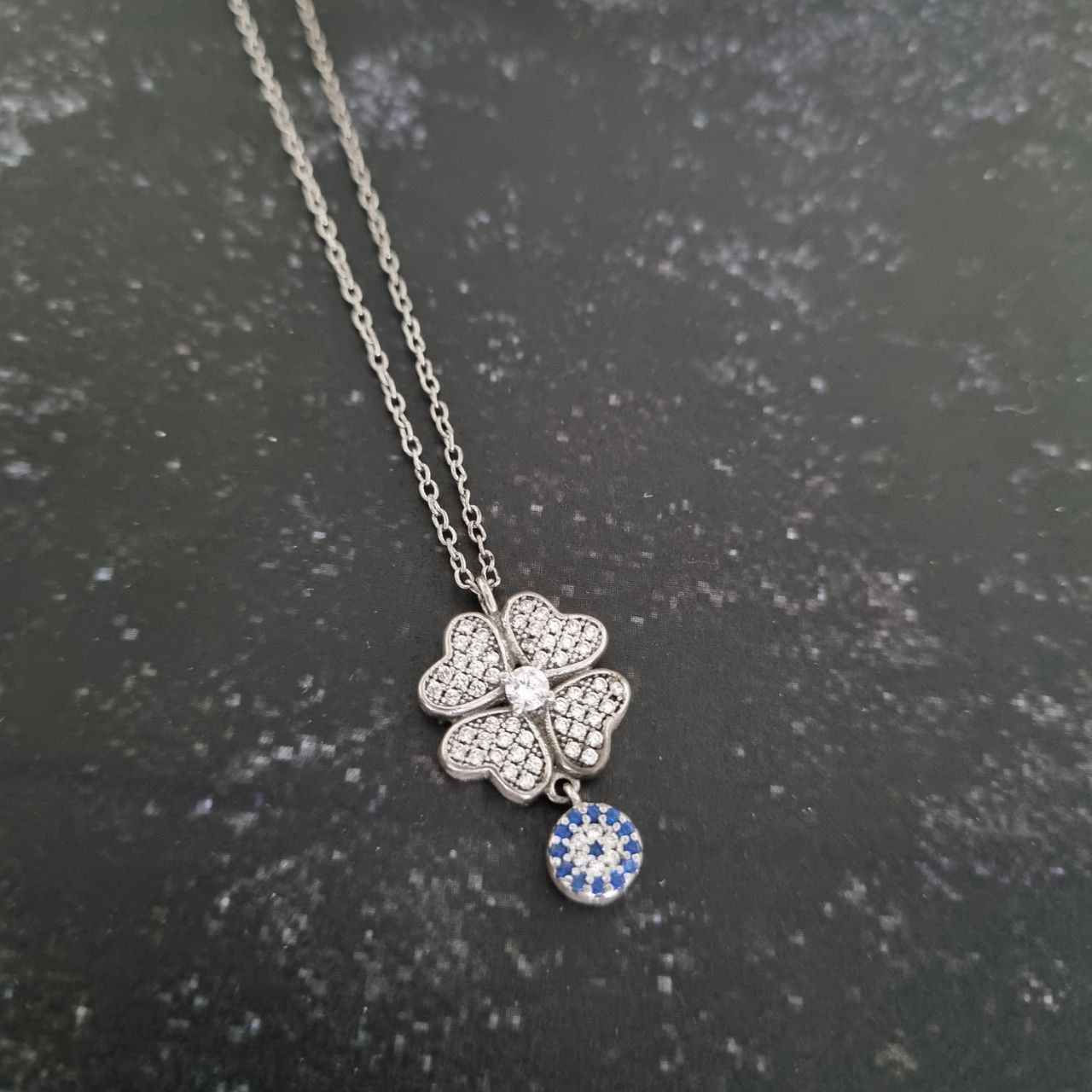 Silver Necklace with Evil Eye Theme Clover