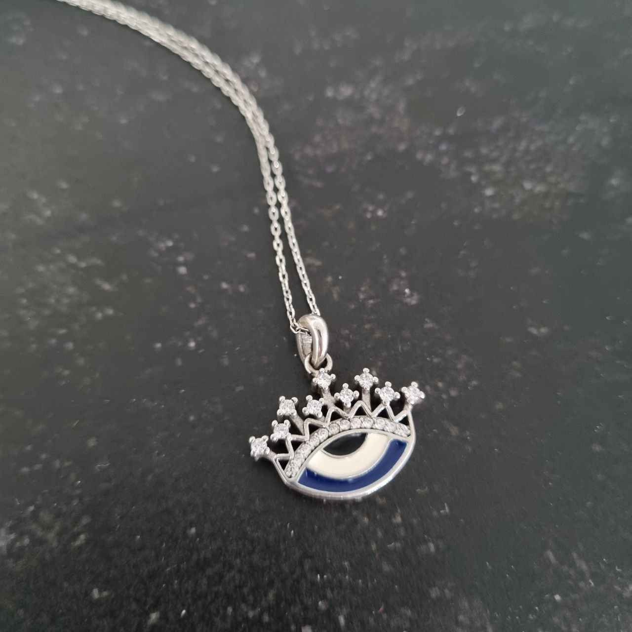 Silver Necklace with Evil Eye Theme Crown