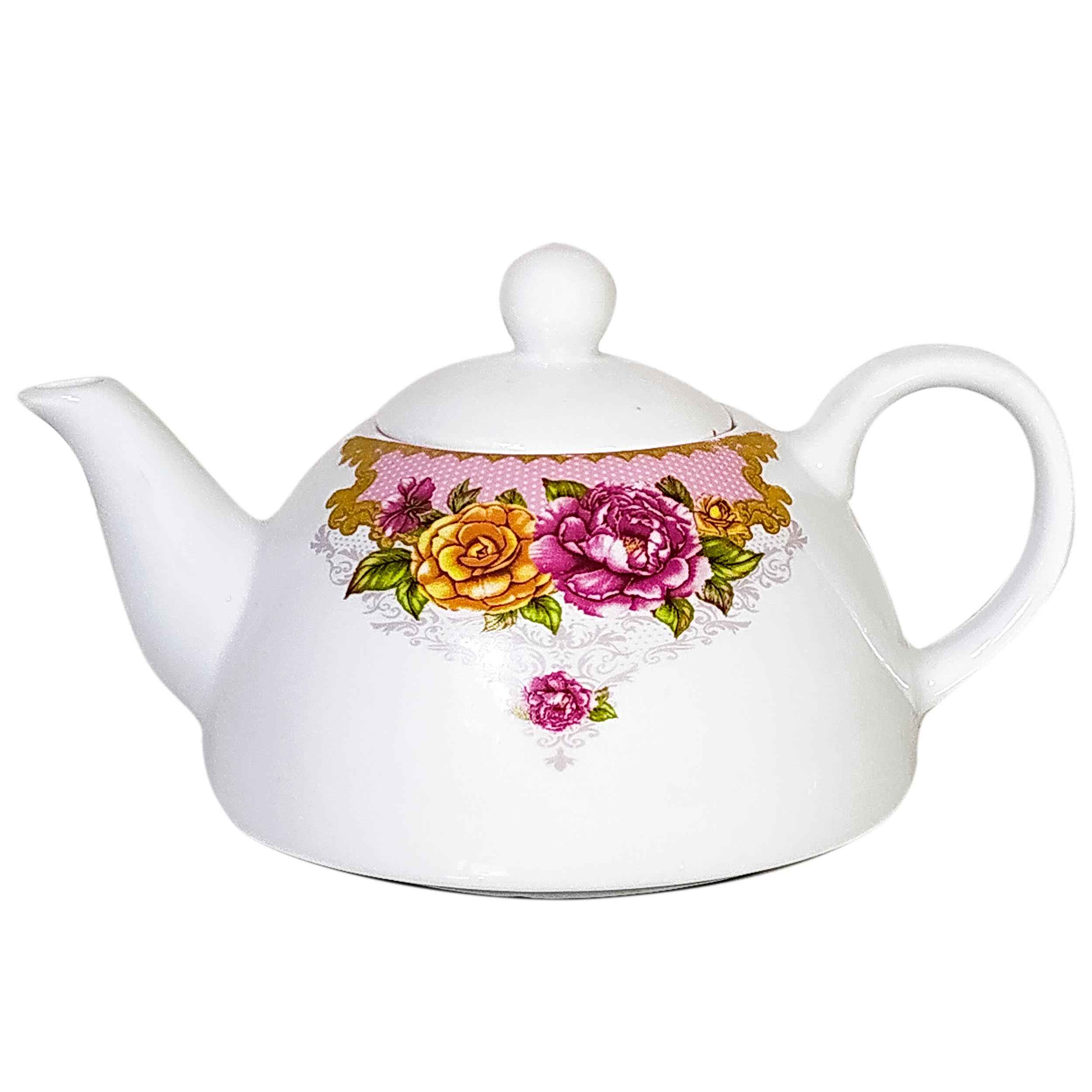 Porcelain Serving Teapot in White with Floral Motif Rosita