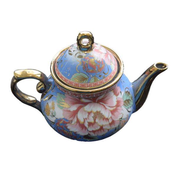 Porcelain Serving Teapot Retro Theme with Blue & Golden Flower Design