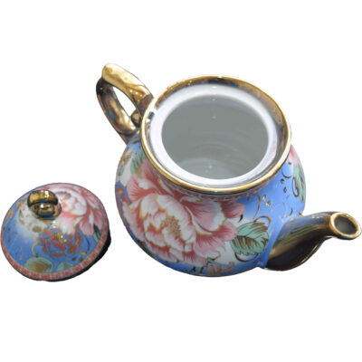 Porcelain Serving Teapot Retro Theme with Blue & Golden Flower Design