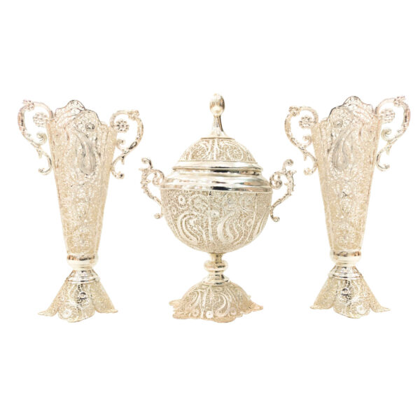 Decorative Persian Filigree Silver Coated Trumpet Vases & Bowl