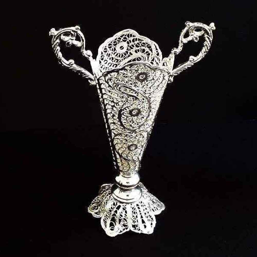 Decorative Persian Filigree Silver Coated Vase Trumpet Jami