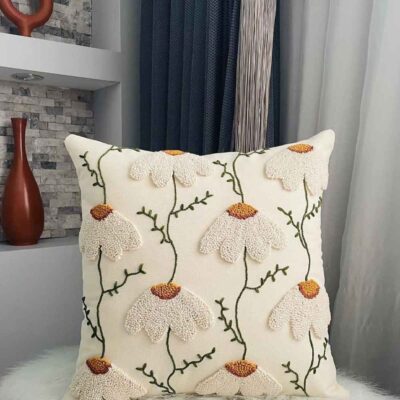 Punch Needle Cushion Cover – Embroidered White Chamomile Design