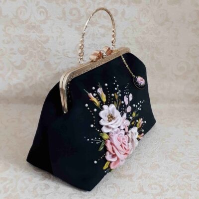 Ribbon Embroidery Clutch Handbag – Velvet with Aviz Design
