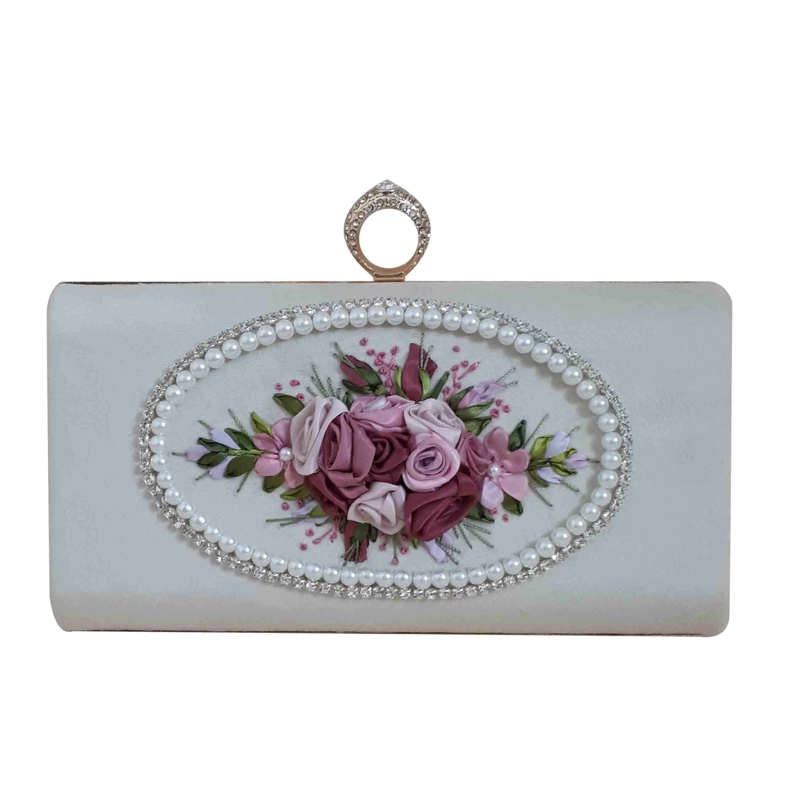 Ribbon Embroidery Clutch Handbag with Floral Detail for Evening Party