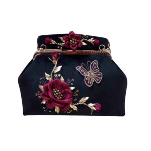 Ribbon Embroidery Clutch Handbag – Velvet with Butterfly Pattern