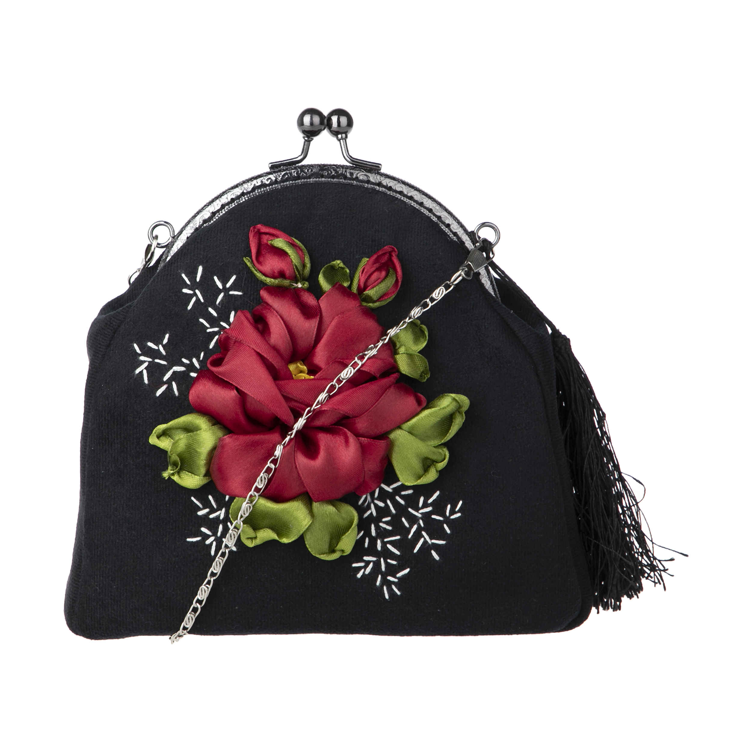 Ribbon Embroidery Clutch Handbag - Velvet with Tahoora Design