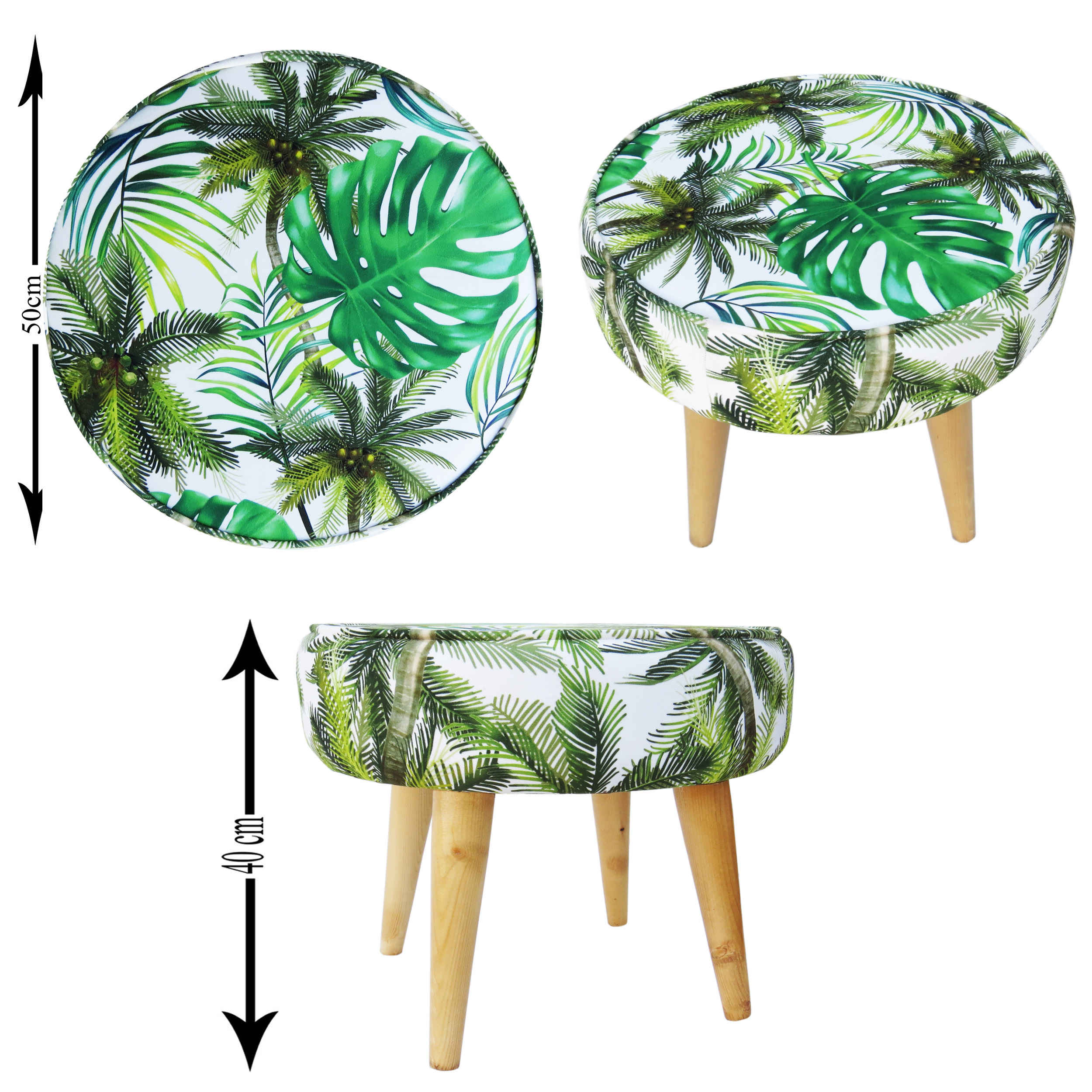 Round Velvet Footstool With Wooden Legs Model Leaf