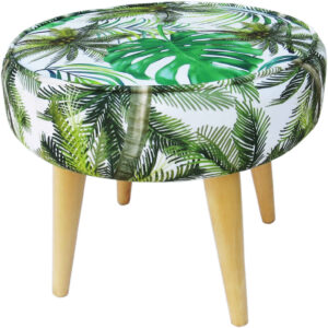 Round Velvet Footstool With Wooden Legs Model Leaf