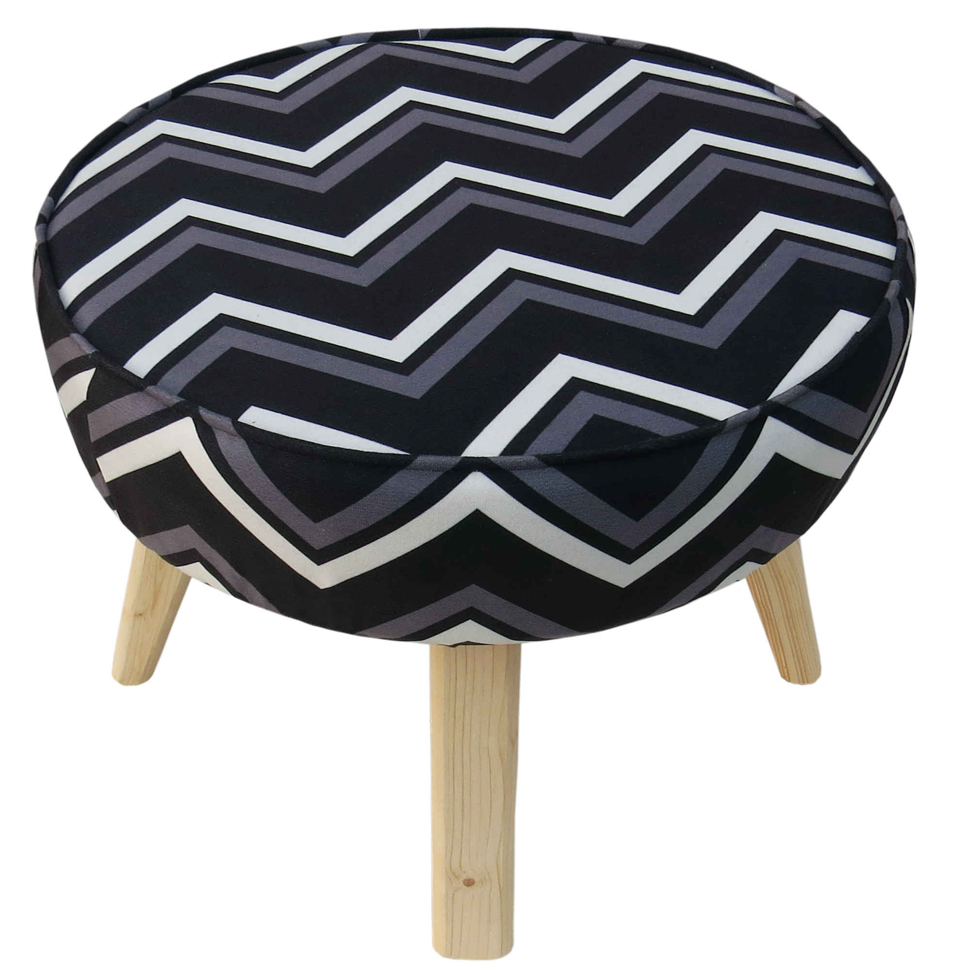 Round Velvet Footstool With Wooden Legs Model Zigzag