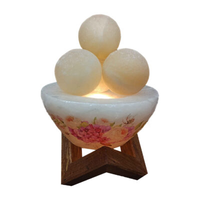 Persian Bowl Salt Lamp – Floral Model with Round Salt Chunks & Wooden Base