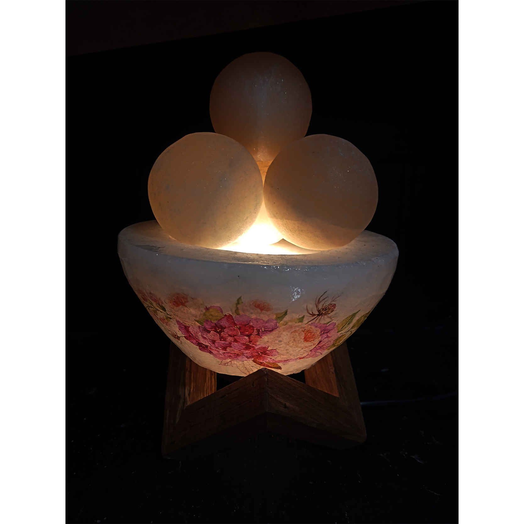 Persian Bowl Salt Lamp – Floral Model with Round Salt Chunks & Wooden Base