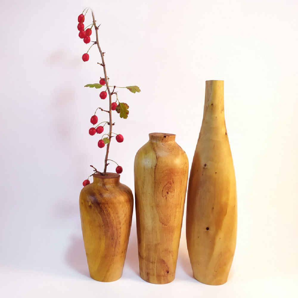 Set of 3 Handcrafted Decorative Wooden Vases Made from Natural Solid Wood Fatah