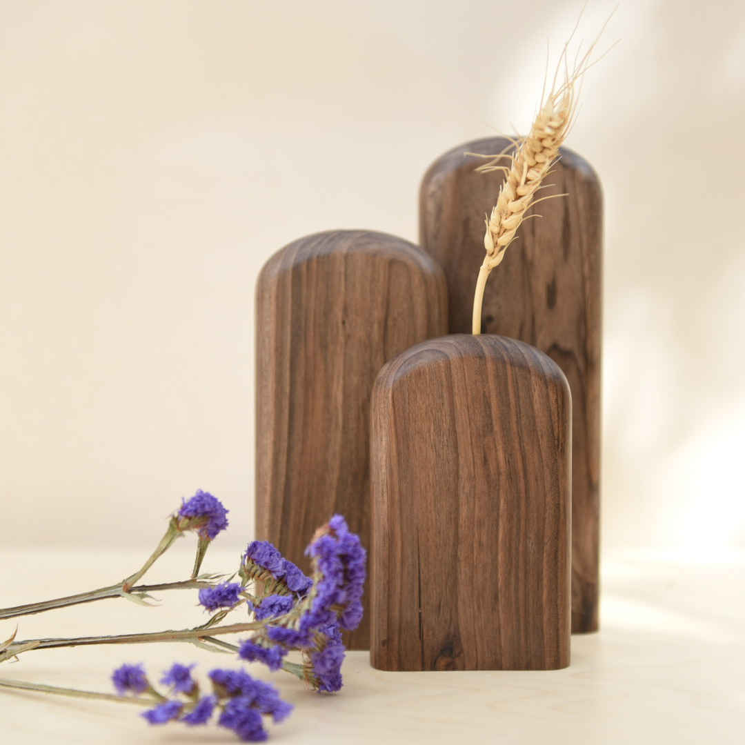 Set of 3 Handcrafted Decorative Wooden Vases Made from Natural Solid Wood Istadeh