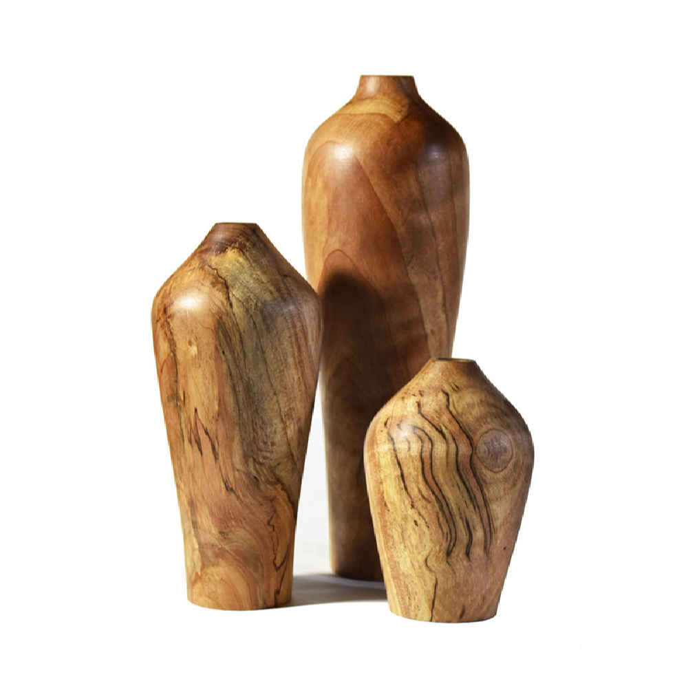 Set of 3 Handcrafted Decorative Wooden Vases Made from Natural Solid Wood Melanie