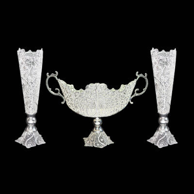 Set of 3 Decorative Persian Filigree Silver Coated Vases & Bowl