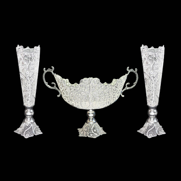 Set of 3 Decorative Persian Filigree Silver Coated Vases & Bowl