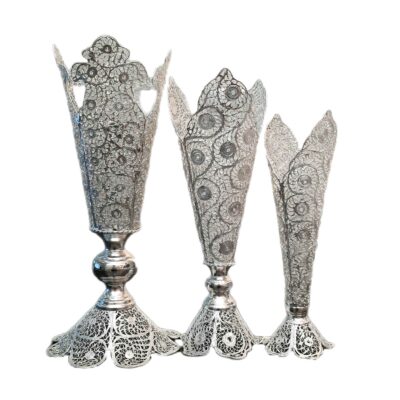 Decorative Persian Filigree Silver Coated Vase Trumpet Shima – Set of 3