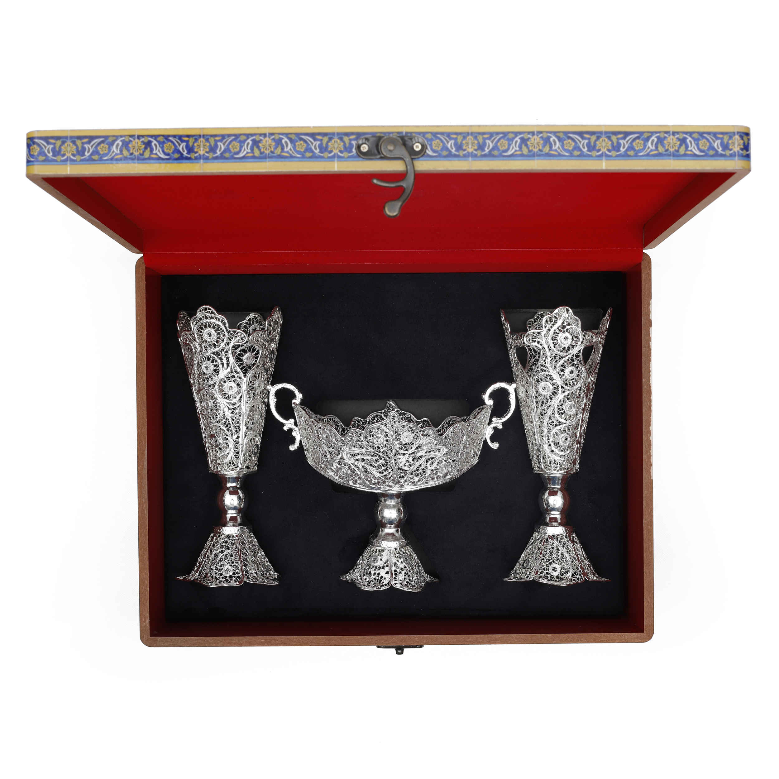 Set of 3 Decorative Persian Filigree Silver Coated Vases & Bowl Fakher