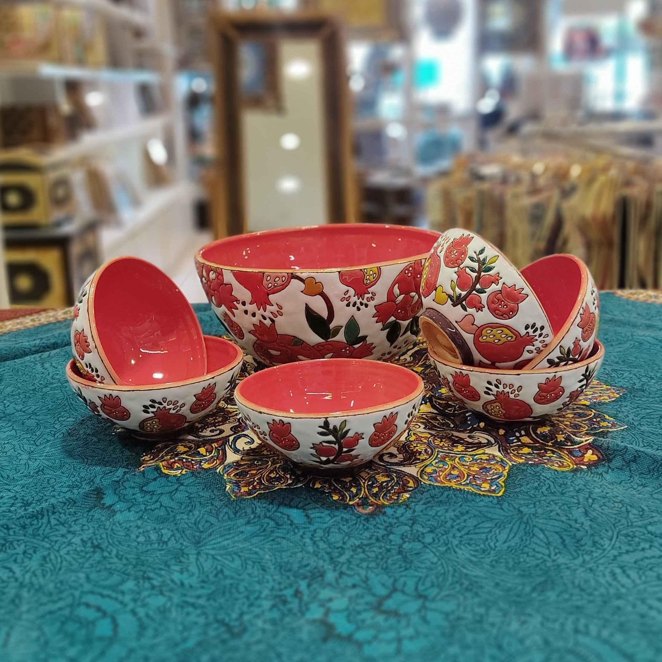 Handcrafted Pottery Bowl with Pomegranate Design – For Yogurt, Desserts, Salad, & Noodles (Set of 7)