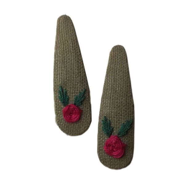 Snap Hair Clip Set with Hand-Embroidered Flower Design