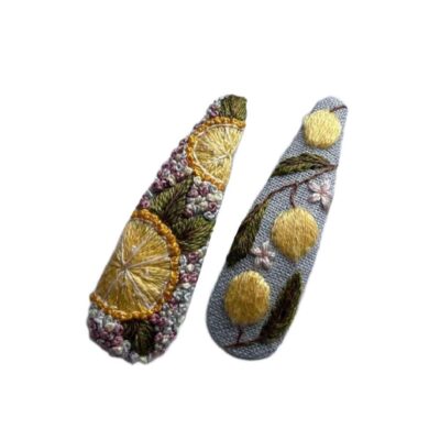 Snap Hair Clip Set with Hand-Embroidered Lemon Design