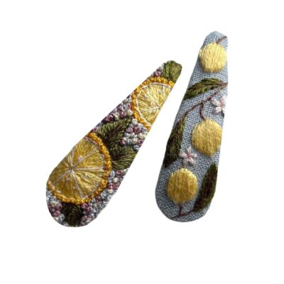 Snap Hair Clip Set with Hand-Embroidered Lemon Design