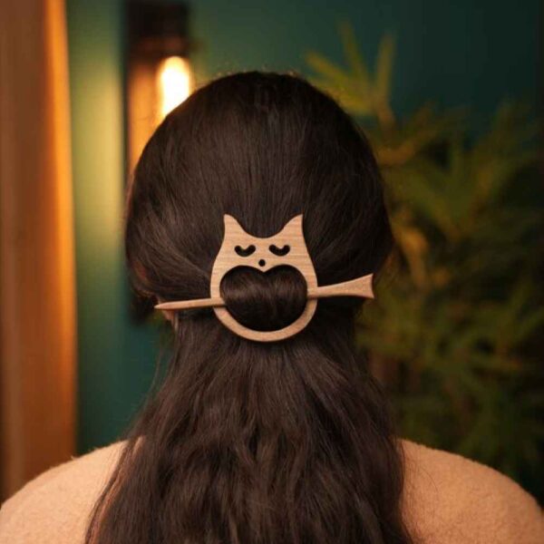 Wooden Hair Stick Hand Carved with Owl Design Ring