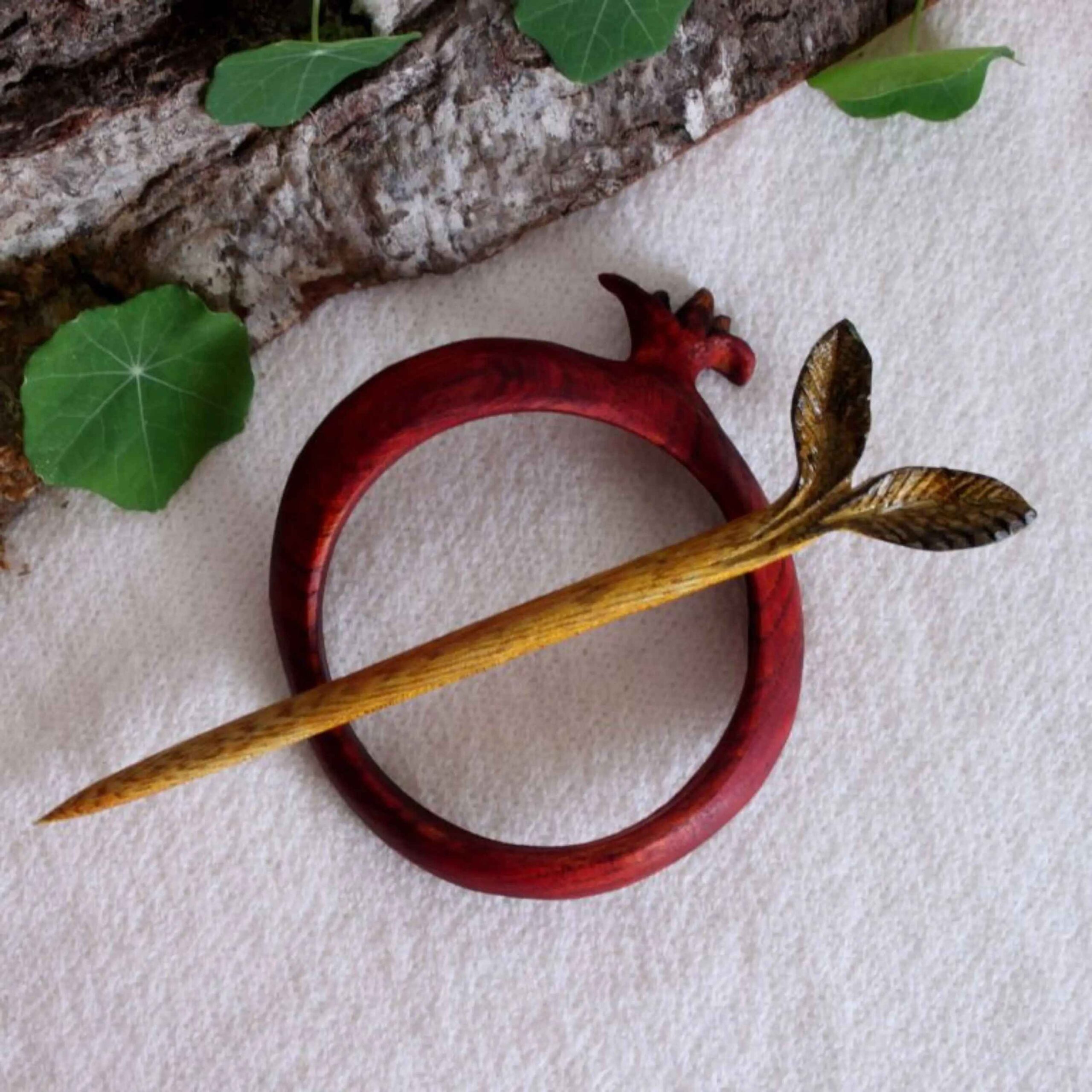 Wooden Hair Stick Hand Carved with Pomegranate Design