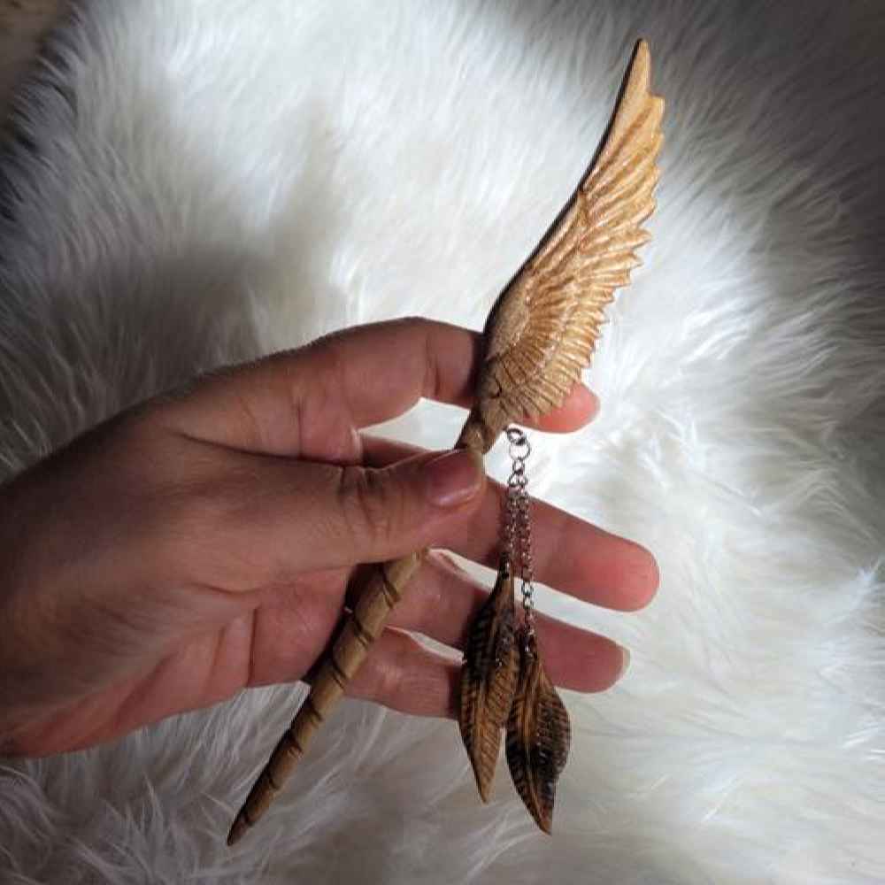 Wooden Hair Stick Handcrafted Matter Angel Wing Design Large Size